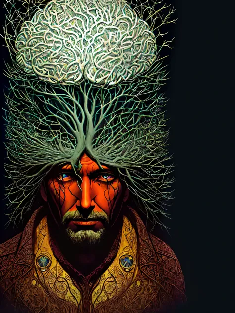 A picture of a man with a tree on his head, Oracle of trees, braintree i holy grail, his head covered in roots, Sernunnos, the Ayahuasca spirit, celtic druid, psychedelic organic shaman, alex gray and beksinski, Ayahuasca shaman, Ayahuasca, Yggdrasil