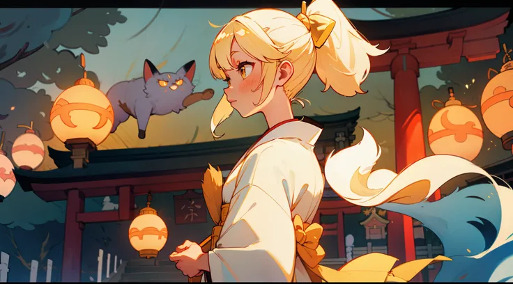 Thin blonde girl with long side ponytail、A white kimono with gold decorations、Inari Shrine with a white fox