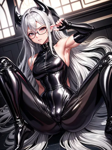 Top quality 8K UHD、Muscular silver-haired beauty wearing glasses and a black metallic latex sweatsuit poses with legs apart.、black metallic latex sweatsuit with hidden skin