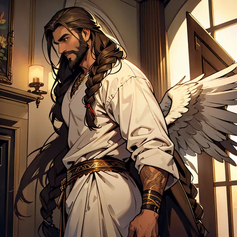 he is an archangel. he has very long brown hair, that reach the middle of the back, decorated with several braids and decorated ...