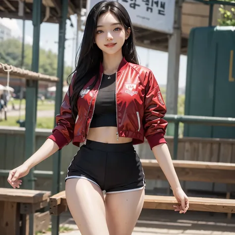 1girl, big breast, white skin, long black hair, korean, young, bright blue eyes, thick eyebrows, smiling, teeth out, small waist, wide thighs, wide thigh gap, perfect hands, perfect fingers, Red baseball jacket， shorts，athletic sneakers, hyper-realistic, h...