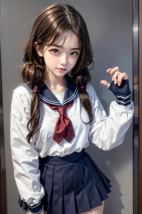 (8K、RAW Photos、top-quality、masterpiece:1.2)、(realisitic、Photorealsitic)、40 years、女の子1人、I have a mole next to my eye、(((White shirt with long sleeves、a sailor suit、red necktie:1.2、Below-the-knee length navy pleated skirt))、(High School Girl)、Skirt Rolling ...