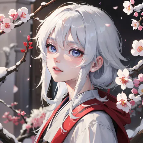 1 little boy，Silver hair draped over shoulders，azuka blue eyes，with fair skin，Innocent and cute look，Wearing robes in ancient Chinese style，The background is snow and red plum blossoms，8K，tmasterpiece，Exquisite，Facial close-up portrait，ssmile