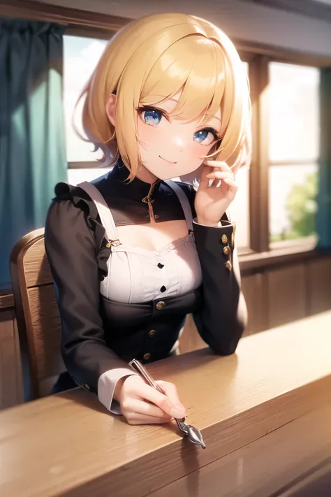 ((best quality)), ((masterpiece)), (detailed), perfect face, 1girl, mia luna teramoon, yellow hair, short hair, blue eyes, long sleeves, short, smile,childe,chair, window, table