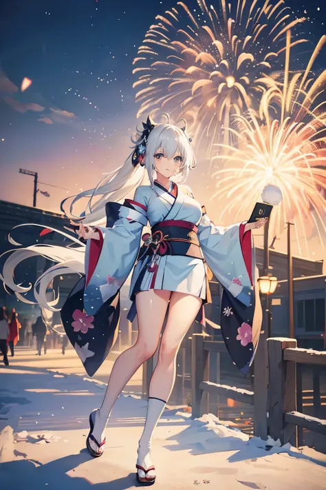 "anime girl, 1 person, silver white hair mixed with black, blue eyes, wearing headphones, womens kimono, same kimono, big breasts, holding cotton candy, long socks, standing cross-legged, shy smile, side view  , festival, New Years Eve fireworks, fireworks...