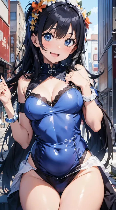 1womanl,Black hair,14years ,(()),Beautiful breasts,(((sexy white and blue shiny cheongsam)))(())(((Blushing cheeks、Smile with open mouth)),(((Satin Narico))),((( portlate))),(,Crowds