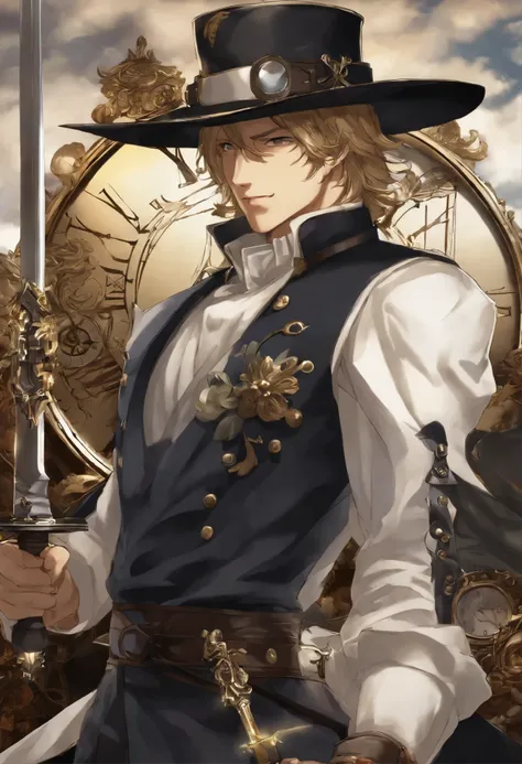 anime character with a hat and sword stands in front of the clock, detailed key anime art, key anime art, shirow Masamune, Guilty Gear aims for a screensaver, detailed anime character art, high detail official illustrations, Masamune shiro, Masamune, casim...