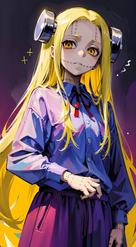 madaraki_fran,a  girl ,stands,awkward,the madhatter ,surgeon ,wrinkles,concerned,(()), hairlong , yellow hair,seams , scars on t...