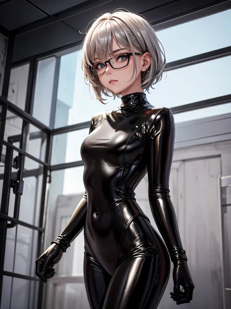 top quality 8k uhd、a beautiful woman with short hair and silver hair is posing in glasses and a black metallic latex sweatsuit。、...