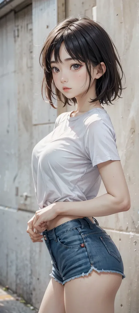 Adorable Girl . Very Kawaii , Round Face . Solo , Slim , Medium Breasts , Short Stature . Glossy Skin . Plain White T-shirt . Shorts . Dynamic Angle . No Background , White Background , looking at viewer, darker shadows, (((absurdres)))