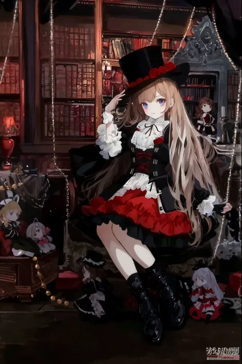 a close up of a doll with a hat and dress, (brown hair:1.1), dollfie dream, ball jointed doll, magic school uniform, victorian gothic lolita fashion, detailed image, lolita style, magical school student uniform, anime barbie doll, lolita fashion, gothic re...