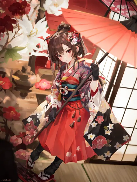 a close up of a woman in a dress holding an umbrella,brown hair, hanayamata, in kimono, anime girl , reimu hakurei, japanese clothes, wearing kimono armor, anime , red kimono with flower patterns, japanese kimono, red kimono, wearing royal kimono, rin, pal...