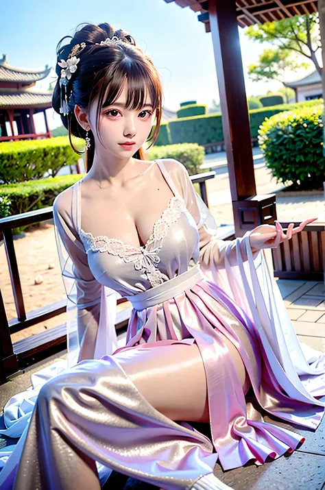 a princess 10 yeald old cute Hanfu dynasty open V-chested clothes royal, Wet body of thin silk fabric, Thin silk lace dress, (huge boobs，cleavage),, white pink, blue ，best qualtiy，tmasterpiece，超高分辨率，（真实感：1.4），RAW photogr，（True skin texture：1.3），（filmgrain：...