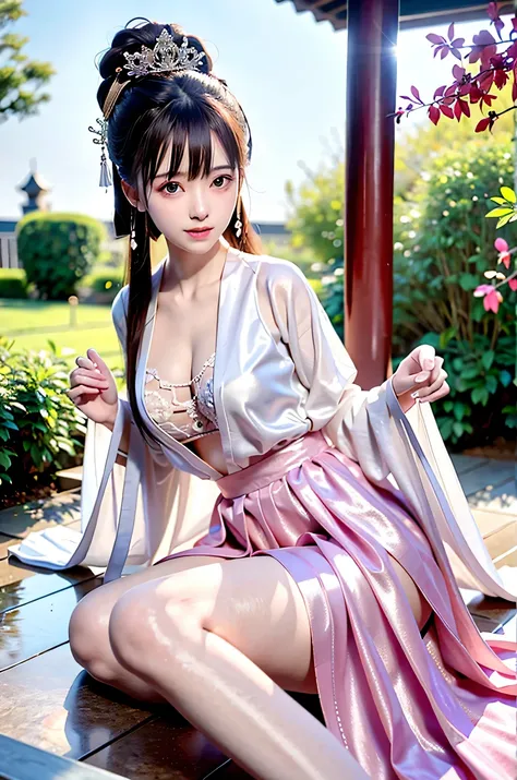 a princess 10 yeald old cute Hanfu dynasty open V-chested clothes royal, Wet body of thin silk fabric, Thin silk lace dress, (huge boobs，cleavage),, white pink, blue ，best qualtiy，tmasterpiece，超高分辨率，（真实感：1.4），RAW photogr，（True skin texture：1.3），（filmgrain：...