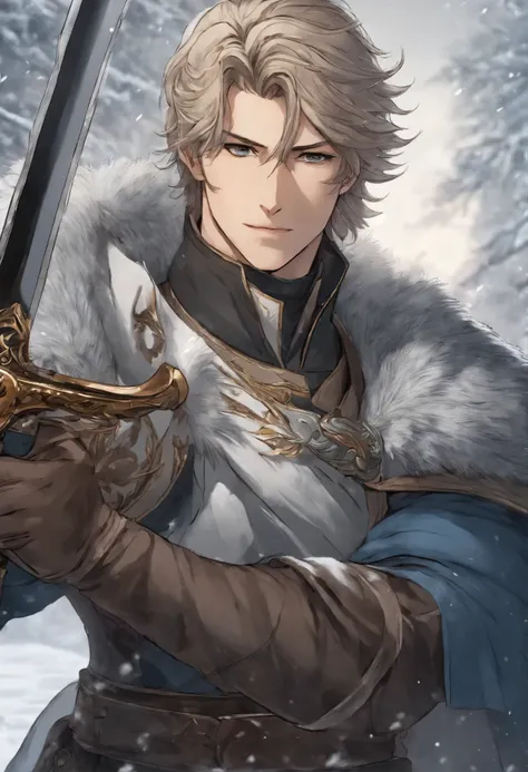 Close-up of a person, holding a sword in a snowy area, casimir art, shigenori soejima illustration, boris valejo. octopath traveler, detailed anime character art, detailed key anime art, Granblue Fantasy, handsome guy in demon slayer art, Taisho Roman, cri...