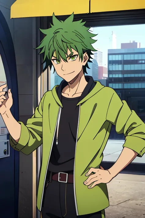 1boy, green hair, yellow eyes, short haircut, spiked hair, messy bangs, green jacket jumpsuit, smirk,short sleeves,