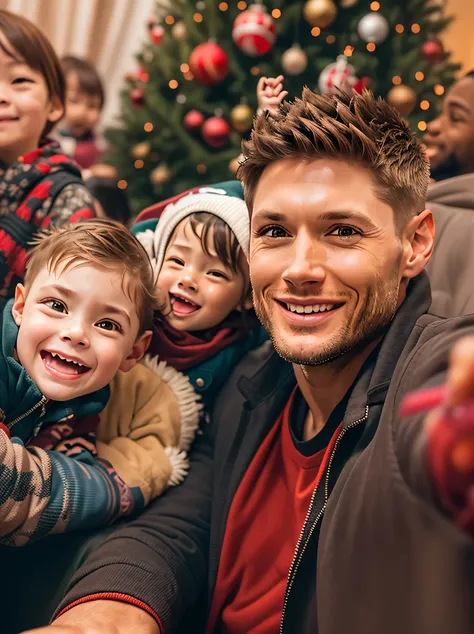 Jensen Ackles is a young man of 30 years old., in a festive outfit, taking a selfie in front of the Christmas tree and happy children.