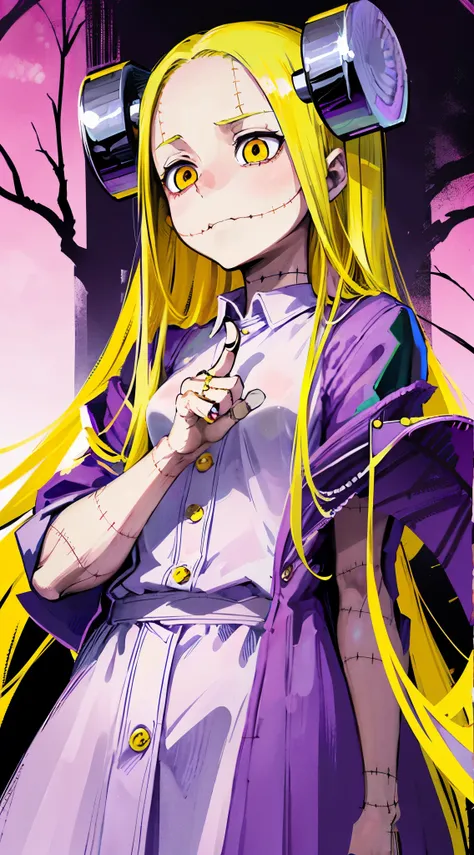 Madaraki_Fran,A  girl ,stands,awkward,the madhatter ,surgeon ,wrinkles,concerned,((bites his finger)), hairlong , yellow hair,seams , Scars on the body , A creepy look , scary eyes , An intimidating look , creepy smile , bags under eyes, ((((Nervous))))