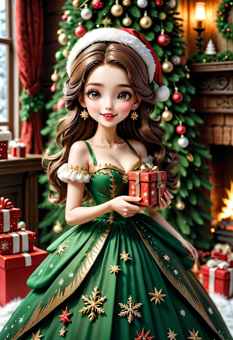 Best quality,ultra - detailed,actual,Christmas girl,beautidful eyes,beautiful detailed lips,Long eyelashes,joyful expressions,Red and green Christmas dresses,Holding Christmas music box, (actual) Christmas wooden music box,[Meticulous carving],Beautiful ha...