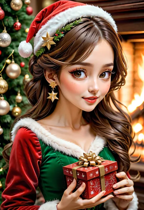 Best quality,ultra - detailed,actual,Christmas girl,beautidful eyes,beautiful detailed lips,Long eyelashes,joyful expressions,Red and green Christmas dresses,Holding Christmas music box, (actual) Christmas wooden music box,[Meticulous carving],Beautiful ha...