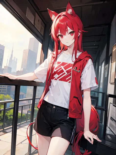 male in his 20s、Red-haired（Semi-long）、Red eyes、droopy dog ears and tail、Casual clothing、time is daytime、City in the background