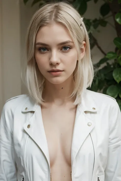 (best quality,portrait:1.2),pale skin,long black-rooted white hair,elongated bob hairstyle,green eyes,pale thin lips,white t-shirt,black leather jacket,eyeliner,portrait