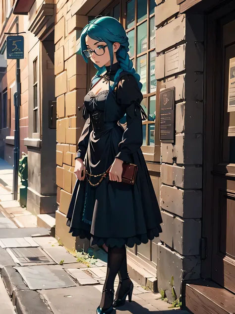 Masterpiece, best quality, medieval town, medieval street, sunny day, 1_woman, full body, looking away from camera, stoic face, teal hair, long double hair braids, bright teal hair, diamond shaped eyes, glasses, large_bust, chest window, cleavage, dark blu...