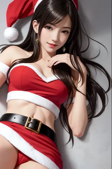 (top quality, masutepiece: 1.1), (Realistic: 1.3), BREAK (((FF7,Tifa_lockhart))),(solo,Tifa:1.2),(bedroom:1.3,Christmas,in present box),(lying:1.5,on back:1.5),(cute pose:1.3),Ultra-detailed face, Detailed Red eyes, BREAK (((FF7,Tifa_lockhart))),(light bro...