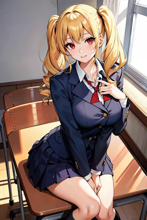 (masterpiece:1.2, best quality), 1lady, solo, school uniform, classroom, day, sit, blonde, twintails, red eyes, open collabone, gyaru, open chest