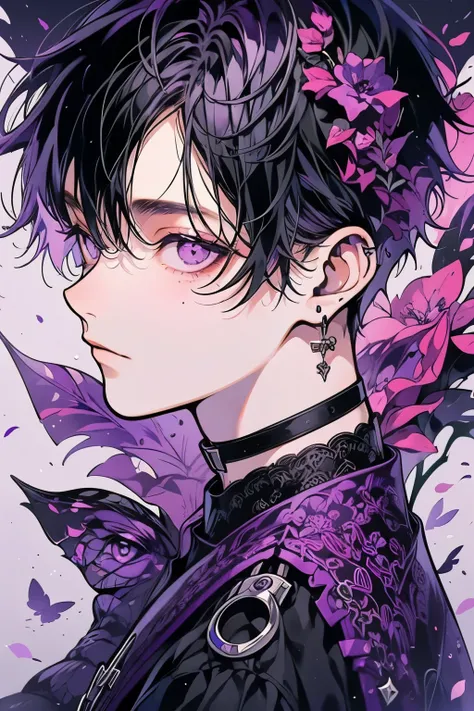 (masutepiece), (Best Quality), Highly detailed, 1 boy, Solo Focus，Perfect face, Beautiful face, extra detailed face，(Short black hair:1.3)，(Purple eyes:1.3)