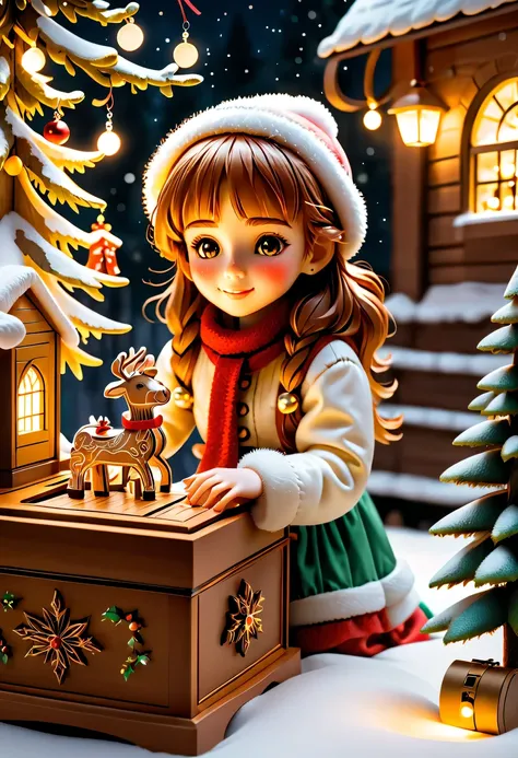 (Best quality,4K,8K,A high resolution,tmasterpiece:1.2),ultra - detailed,(actual,photoactual,photo-actual:1.37),A girl in the Christmas garden,illuminations,(Christmas wooden music box:1.5),Beautifully wrapped Christmas gifts,Sparkling ornaments,Warm winte...