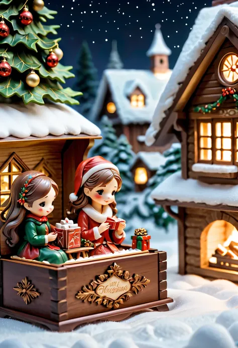 christmas，christmas girl and her christmas gift，Beautiful christmas gift，(actual) christmas wooden music box,[Meticulous carving],Beautiful handmade decorations,retro aesthetic,Magnificent design, complex wood grain,Exquisite craftsmanship,Exquisite hairst...