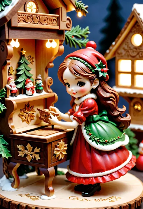 christmas，christmas girl and her christmas gift，Beautiful christmas gift，christmas wood carving music box