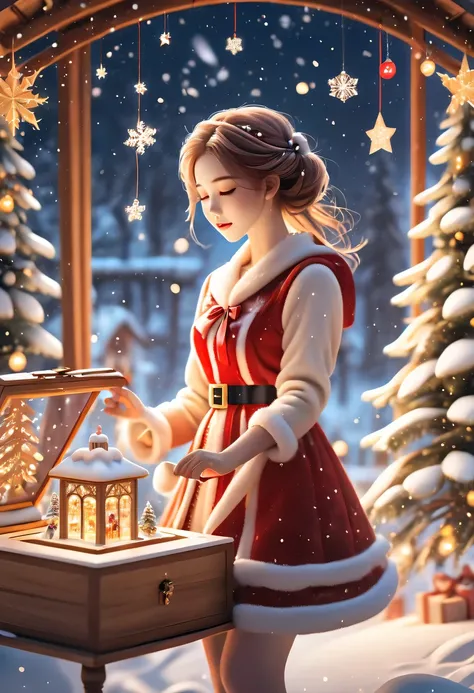 (Best quality,4K,8K,A high resolution,tmasterpiece:1.2),ultra - detailed,(actual,photoactual,photo-actual:1.37),A girl in the Christmas garden,illuminations,(Christmas wooden music box:1.5),Beautifully wrapped Christmas gifts,Sparkling ornaments,Warm winte...