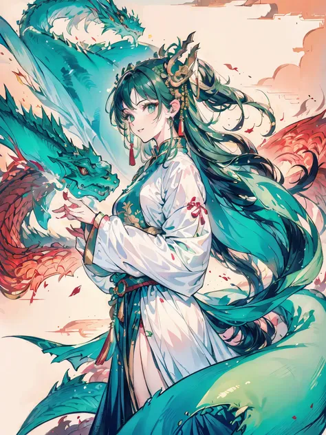 Women in Their 20s、green colored hair、Longhaire、Green eyes、Dragon horn、golden hair ornaments、White china clothes、jumpping、Smile、Dragon and Chinese cloud in the background