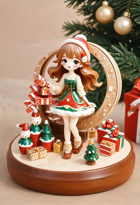 christmas，christmas girl and her christmas gift，Beautiful christmas gift，christmas wood carving music box