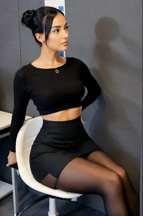 1woman, black hair, hair in a bun, angelic face, two piece sheath skirt, black office tights, black tights, high heels, female office secretary outfit, sitting down, adjusting her left high heel, office cubical background, raw photo.