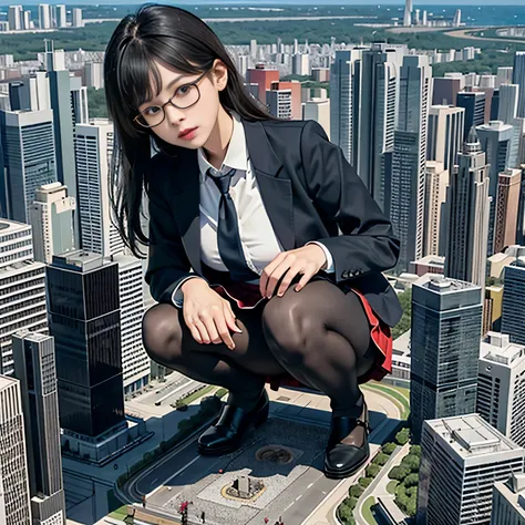 giantess art, a hyperrealistic schoolgirl, 非常に詳細なder rieseショット, der riese, Shorthair, Black pantyhose, a huge high school girl、&#39;It&#39;s much bigger than a skyscraper, Wearing rimless glasses, Colossal tits, Navy blue blazer, Red tie, Mini Length Skirt...