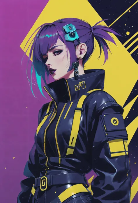 Starry sky and zodiac signs, Purple hues like nebulae, Vast space, cyber punk personage底部的城市,  illuminations, (1 Lady:1), ( Background with:black and yellow Background with1.4), (RHAD:1.2), (artistic décor:1.4), (Retro-Future:1.4), (maximalist:1.4), (Clean...