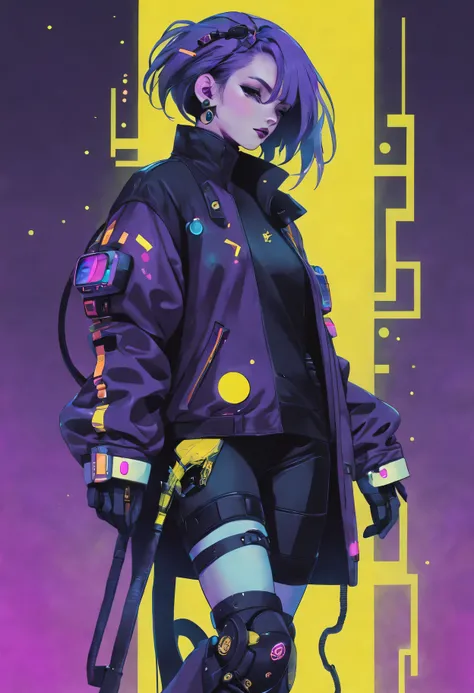 Starry sky and zodiac signs, Purple hues like nebulae, Vast space, cyber punk personage底部的城市,  illuminations, (1 Lady:1), ( Background with:black and yellow Background with1.4), (RHAD:1.2), (artistic décor:1.4), (Retro-Future:1.4), (maximalist:1.4), (Clean...