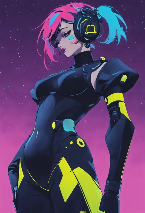 Starry sky and zodiac signs, Purple hues like nebulae, Vast space, cyber punk personage底部的城市,  illuminations, (1 Lady:1), ( Background with:black and yellow Background with1.4), (RHAD:1.2), (artistic décor:1.4), (Retro-Future:1.4), (maximalist:1.4), (Clean...