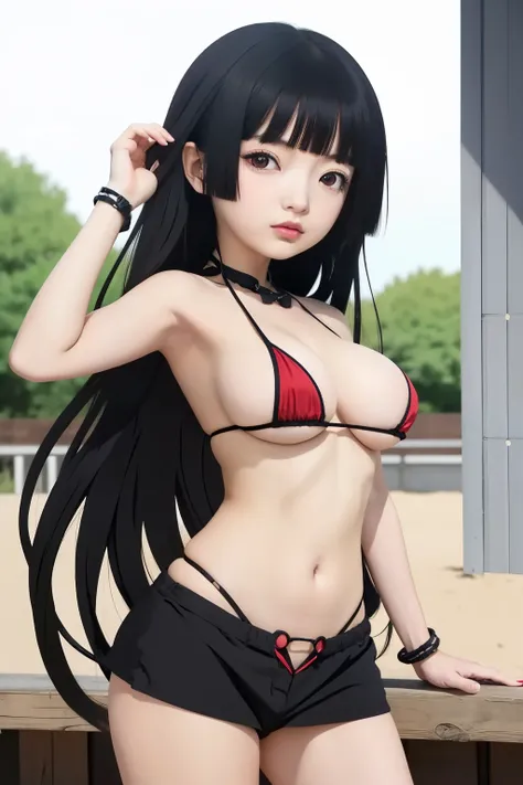 bikini noir, cheveux noir, yeux rouge, gros cul, topless, MILF, vraiment gros boobasterpiece, anime girl avec de gros seins et gros mamelon qui pointe, séduisante fille d’anime, Ilya Kuvshinov. 4 km, [ Art numérique 4 km ]!!, Style Anime 3D réaliste, Jolie...