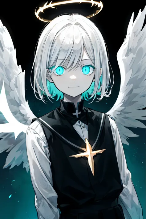 Best Quality、masutepiece、Ultra-detailed、face perfect、Extremely detailed、Extremely delicate、1 boy, (Scary), Angel, Gorgeolanche&#39;s Halo), Dark, Glowing eyes, Light blue eyes, Angel wings,  holy, , blancheのチュニック, two ふしだらなblanche angel wings, which are fu...