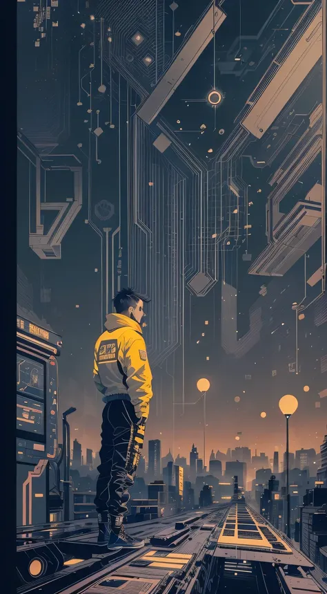 Movie poster style：Starry sky and zodiac signs, Purple hues like nebulae, Vast space, cyber punk personage底部的城市, illuminations, (1 Lady:1), ( Background with:black and yellow Background with1.4), (RHAD:1.2), (artistic décor:1.4), (Retro-Future:1.4), (maxim...