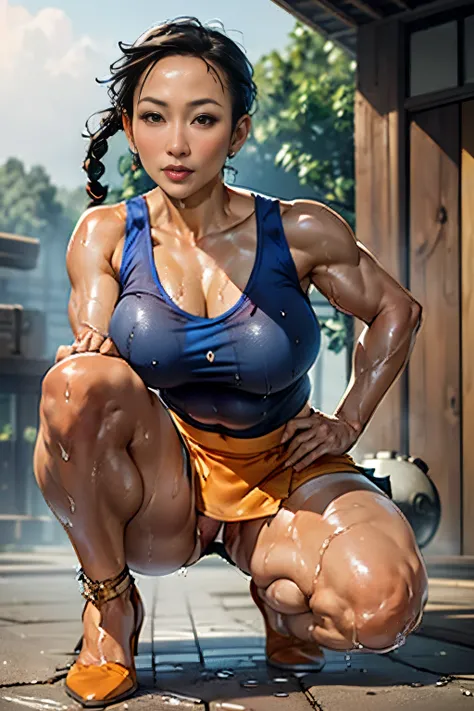 ((tmasterpiece,Best quality)),k hd,[[[[Complicated details]]]],Cinematic,realistically, Best quality,tmasterpiece,超高分辨率,(realistically:1.4)，(Sexy mom wearing very short very short tank top and super short mini skirt:1.5)，Twist braids，(Toned muscular thighs...