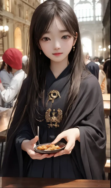 （in 8K、Raw photography、top-quality、超A high resolution、Detailed hand、​masterpiece：1.2)、Forehead visible、ren、Beautiful fece、One Person、fullllbody、cute little、A Japanese Lady、（Photorealsitic：1.37）、photon limited、tiny body、cute table、Palace of Versailles、lunch