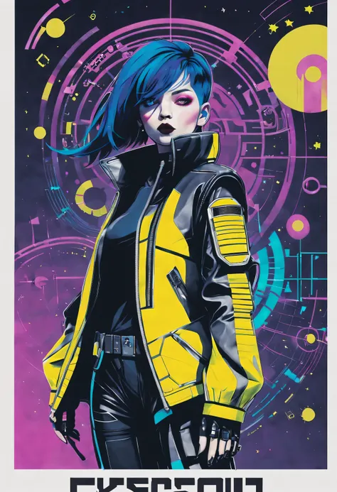 《bladerunner》filmposter：1 Lady, Starry sky and zodiac signs, Purple hues like nebulae, Vast space, cyber punk personage底部的城市, ( Background with:black and yellow Background with1.4), (RHAD:1.2), (artistic décor:1.4), (Retro-Future:1.4), (maximalist:1.4), (C...