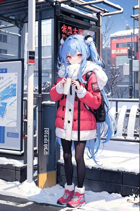 Top image quality、1girl in、Gradient Hair、Winter clothes、Snow-covered street corner、chee、Powder snow、Wait for the bus、bus stop、bulk vending machine