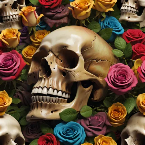 Best Quality,8K,hight resolution,masutepiece:1.2,Ultra-detailed,Realistic Skull,detailed corpse,bouquet of colorful roses,Grave,Horror-themed,horror festival setting