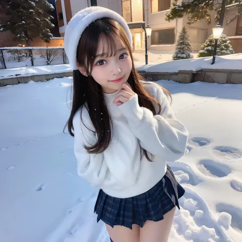 masutepiece, Best Quality,, Ultra-detailed, finely detail, hight resolution,girl in pleated miniskirt, Snowy landscape, Winter wonderland, Cute and innocent look, rosy cheeks, Sparkling eyes, warm winter clothes, Poses in motion, footsteps in the snow, Fal...